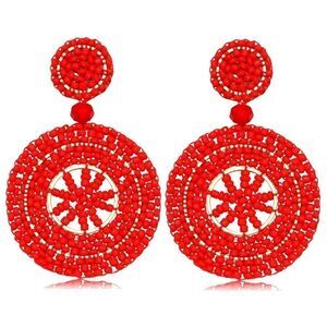 Red Beaded Double Round Disc Boho Dangling Drop Statement Post Back Earrings